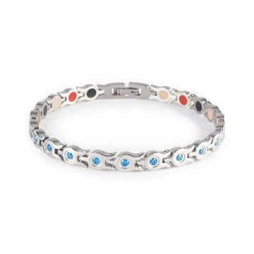 Glide stainless steel bracelet with blue crystals clasped front view.